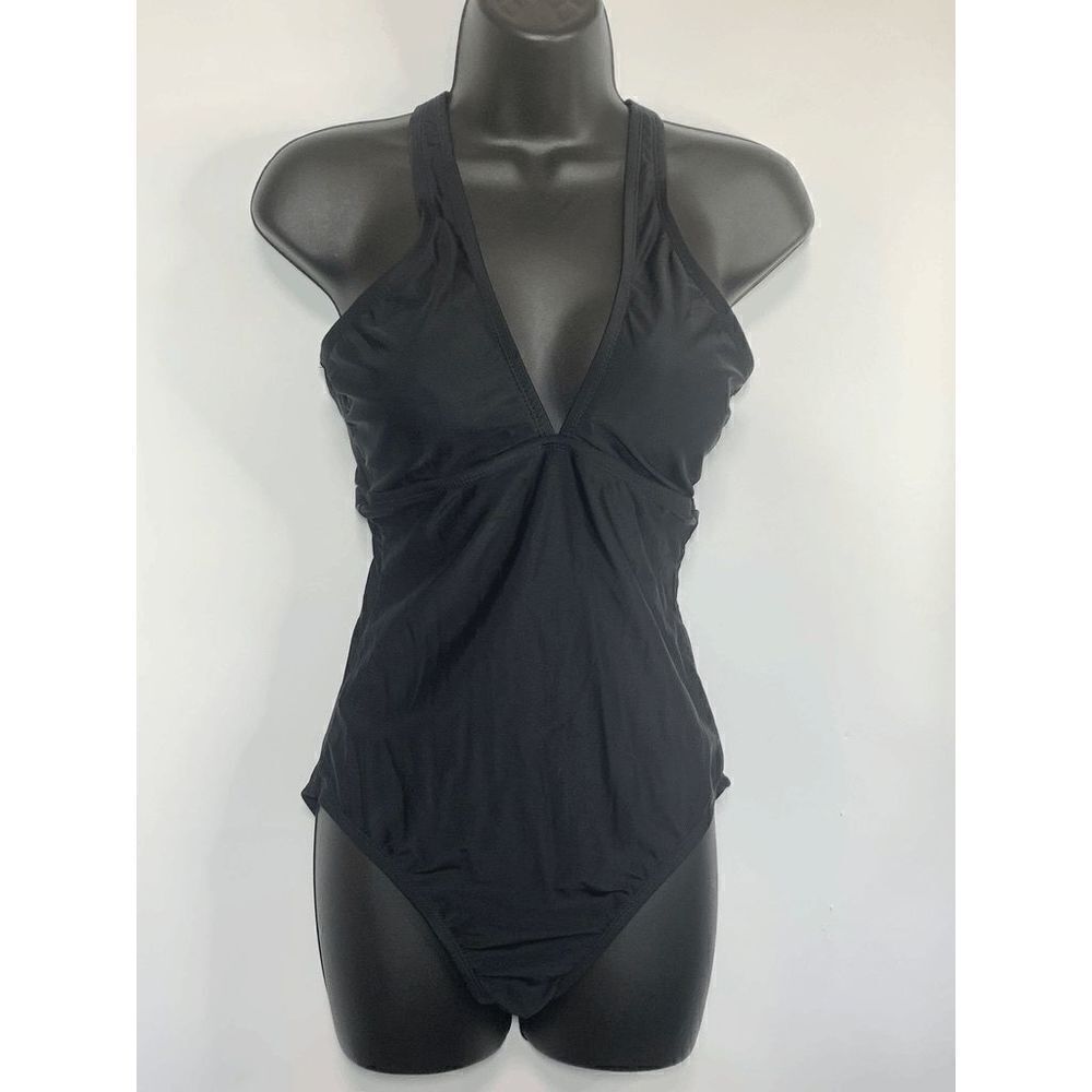 Kona Sol Black Deep Plunge Back Tie One Piece Swim Suit Size Medium